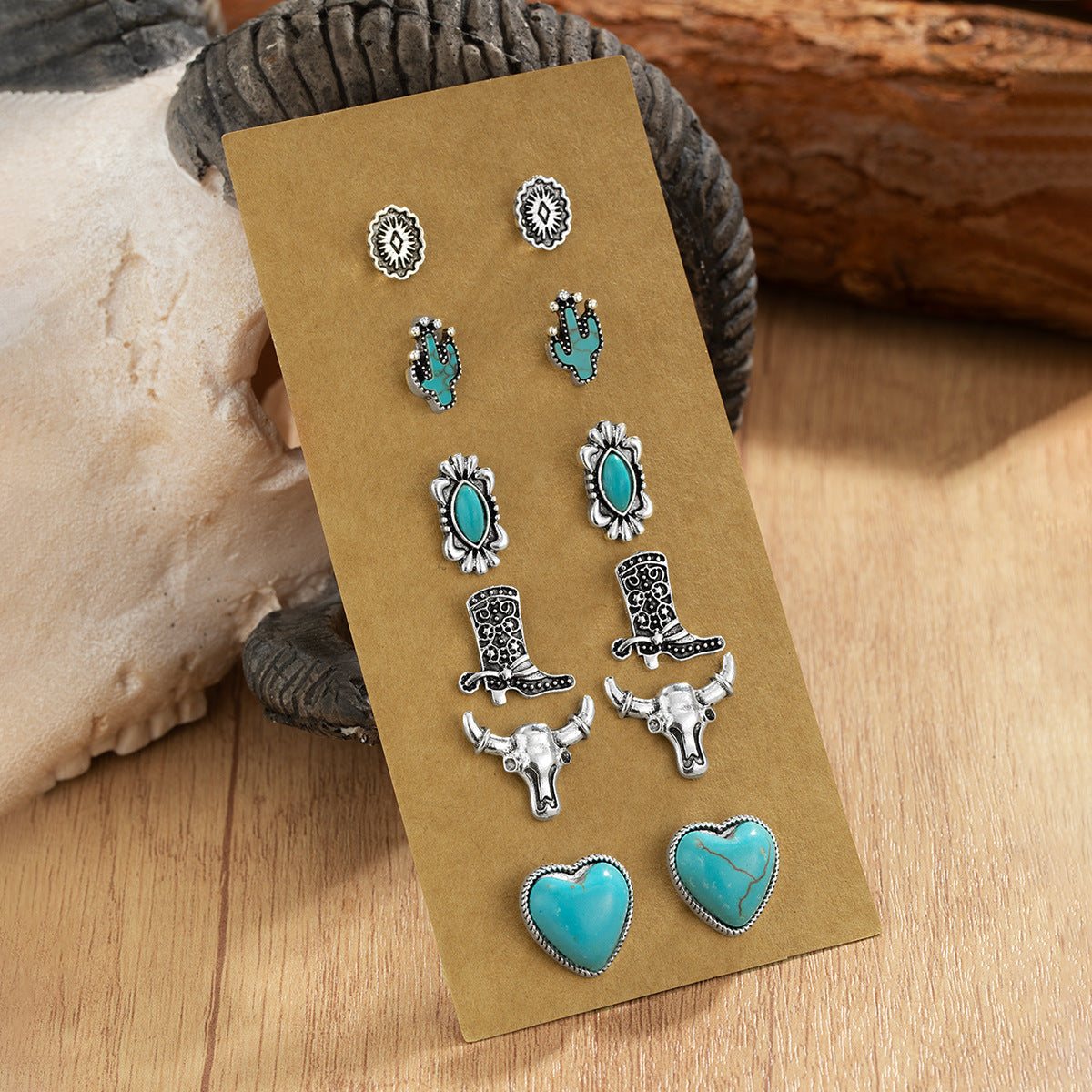 Wholesale Retro Ethnic Style Turquoise Flower Denim Cactus Alloy Earrings